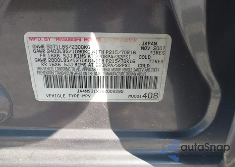 2008 Mitsubishi Outlander Ls z USA, uszkodzony, nr VIN JA4MS31X38Z008295